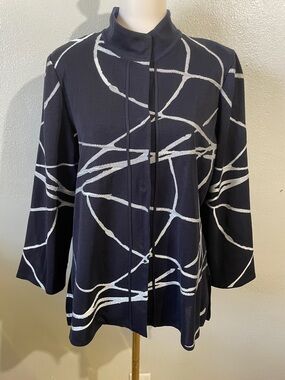 Ming Wang Knit Jacket Blazer Navy White Abstract Button Front Stretch Top Travel